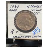 1934 Buffalo Nickel WDDR-001 V Fine