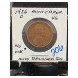 1926-D Lincoln Wheat Cent Mint Error