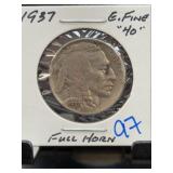 1937 Buffalo Nickel EF40 Full Horn