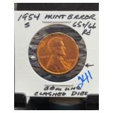 1954-S Lincoln Cent Mint Error RD GEM UNC