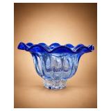 Blue and Clear Art Glass Ruffled Bowl