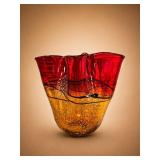 Hand-Blown Red and Amber Art Glass Vase