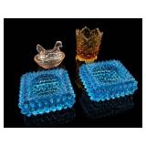 Fenton Blue Ashtrays, Mini Hen Dish, Amberina TP