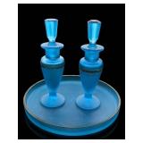 New Martinsville Blue Satin Glass 3-Piece Set