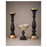 2 Black and Gold Candle Holders w Centerpiec