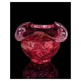 Fenton Cranberry Feather Plume Glass Bowl