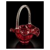 Fenton Cranberry Ruffled Art Glass Basket