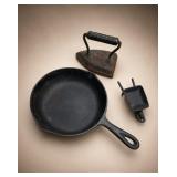 Cast Iron Lot: Skillet, Sad Iron, Iron Wheelbarrow