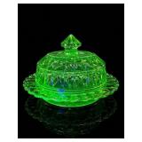 Jeannette Green Windsor Uranium Glass Butter Dish