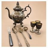 Silver Plate Tea Set and Utensils