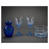 Blue Glassware Lot: Pitcher, Goblets, Bowl