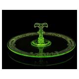 Green Uranium Glass Etched Server , As Is