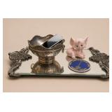 Decorative Tray with Silver Bowl and Collectibles