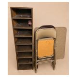 Folding Chairs, Table, and Shelving