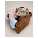 Wooden Bin with Lid and Assorted Textiles