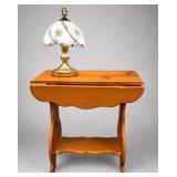Wood Side Table and Decorated Glass Touch Lamp