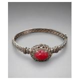 Silver Tone Bracelet with Red Jade Cabochon