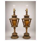 29" Amber Glass and Wood Table Bubble Lamps