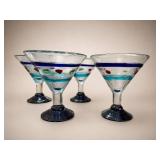 4 Hand-Blown Blue-Rimmed Margarita Glasses
