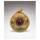 Gold Tone Enamel Pendant with Red Jade Stone