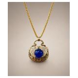 Gold Tone Necklace with Jade and Crystal Pendant