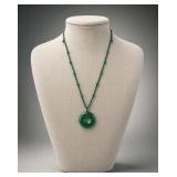 Green Jade Bead Necklace with Round Pendant