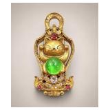 Gold Tone Maneki-Neko Pendant w Jade and Gem Acc