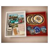 Collectibles Lot: Postcards, Badges, Stamps