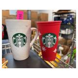 Starbucks Ceramic Mug and Red Plastic Cup