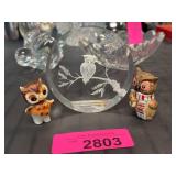 Owl Figurine Trio Including Crystal and Porcl
