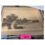 Etching by Myra Robi Rural River Landscape