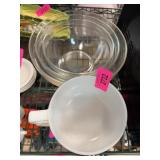 3 Glass Mixing Bowls and 3 White Mugs