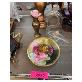 Hand-Painted Floral Dish and Brass Vase Lot