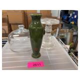 Glass Dome, Candlestick, and Green Vase
