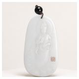 White Chinese Pendant with Carved Figure