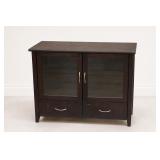 Dark Wood Cabinet with Glass Doors and Drawers