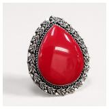Red Coral and German Silver Size 7 Ring