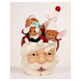 Santa Head Ceramic Cookie Jar With Elf Dolls