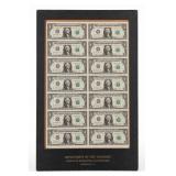 Uncut Sheet of 16 Sequential $1 Bills