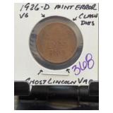 1926-D Lincoln Wheat Cent Mint Error