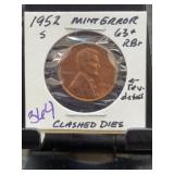 1952-S Lincoln Cent Mint Error Clashed Dies