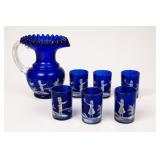 Mary Gregory Blue Glass Pitcher and Tumblers