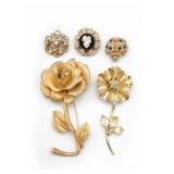 Gold-Tone Floral and Cameo Brooches