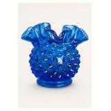 Fenton Blue Hobnail Crimped Glass Vase