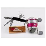 Fishing Reel, Rapala Lure, and Multitool Set