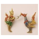 2-Piece Thai-Style Enamel and Gold-Tone Brooch