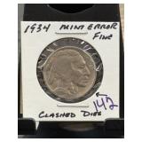 1934 Buffalo Nickel Mint Error: Clashed Dies