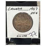 1957 Canada Silver 25 Cent Coin
