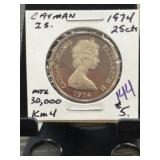 1974 Cayman Islands 25 Cent Coin