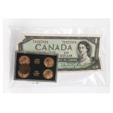 Canada $1 Bill & 1980 US Cent Set